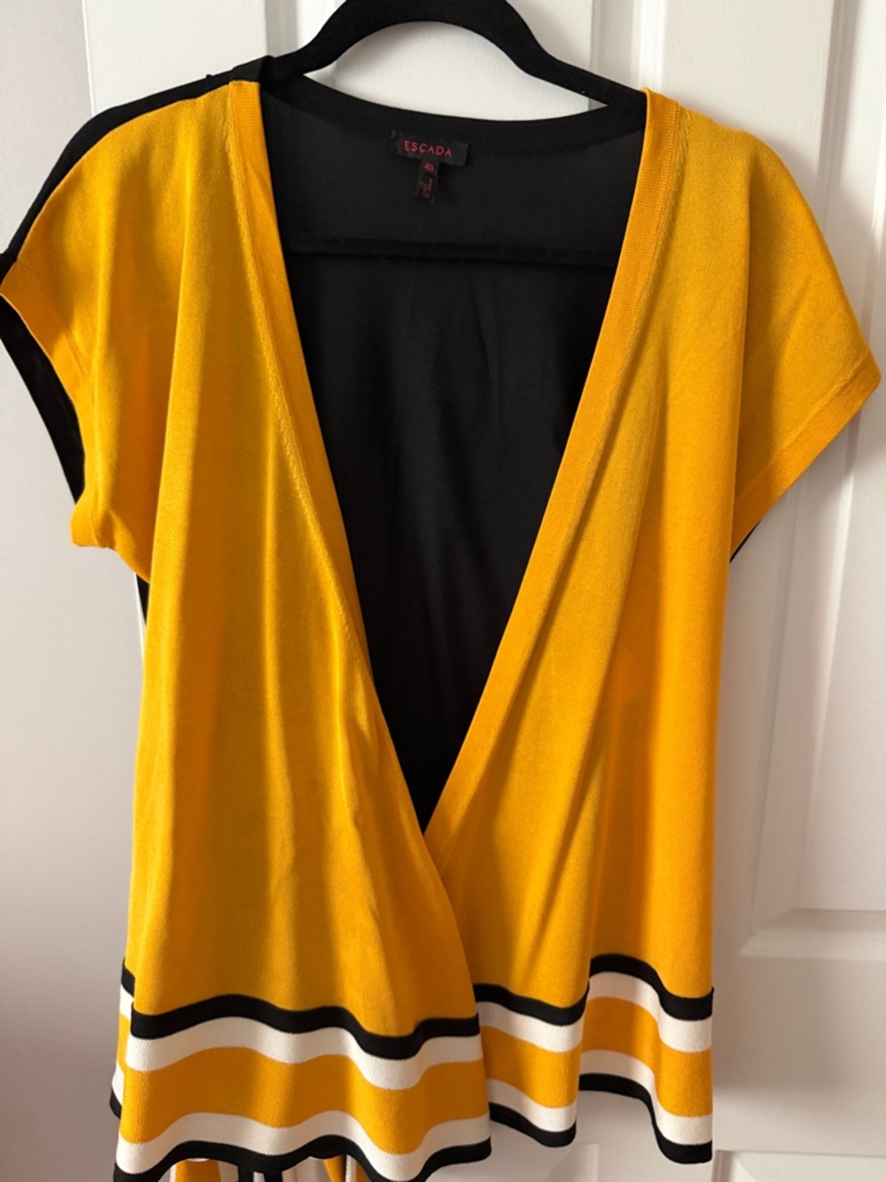 Escada Bold Yellow Black-Trim Deep V Knit Top Size 6